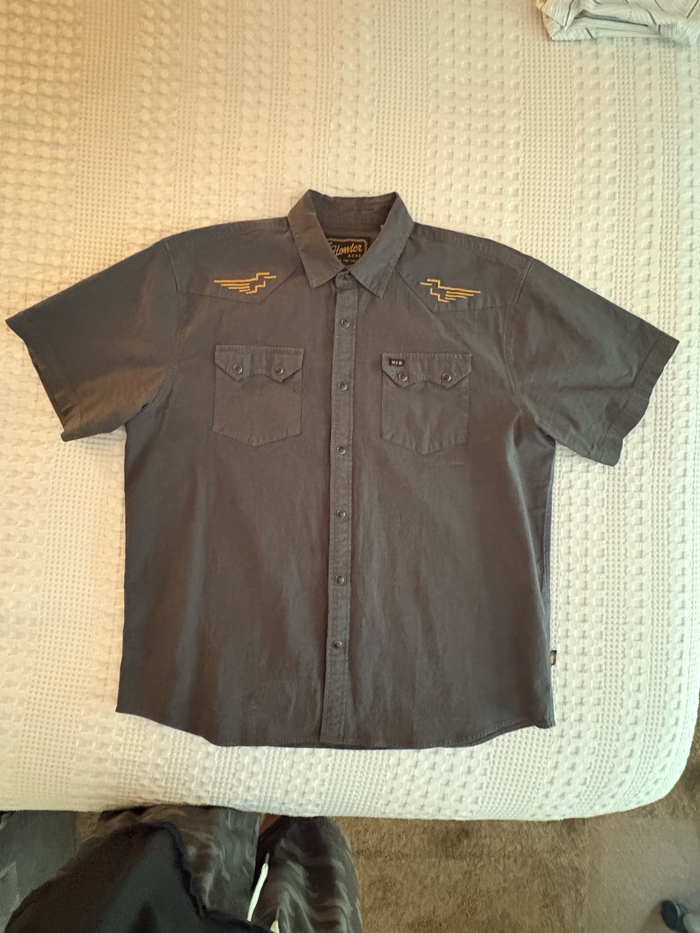 Howler Bros. Men's Faded Black Short-Sleeve Snap Shirt w/hieroglyphs - Large